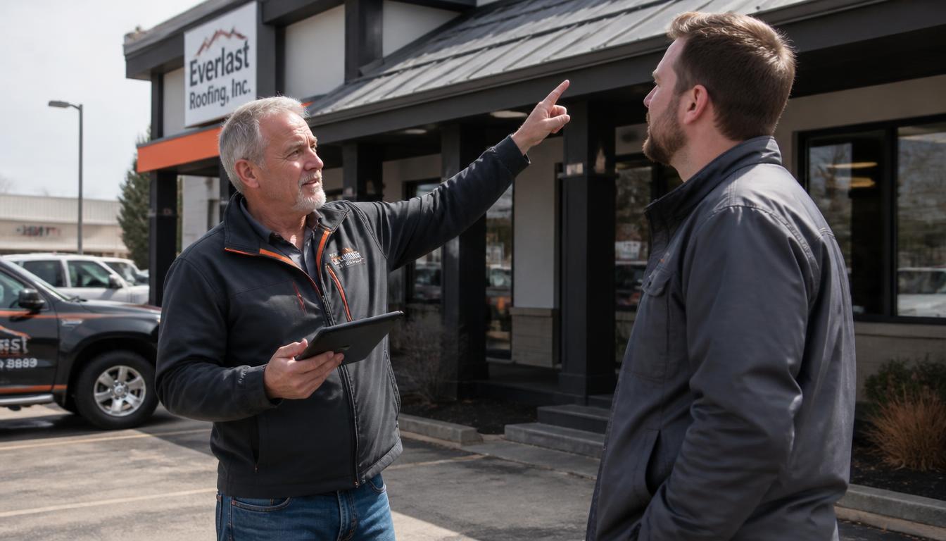 An older roofing contractor giving an estimate with a tablet