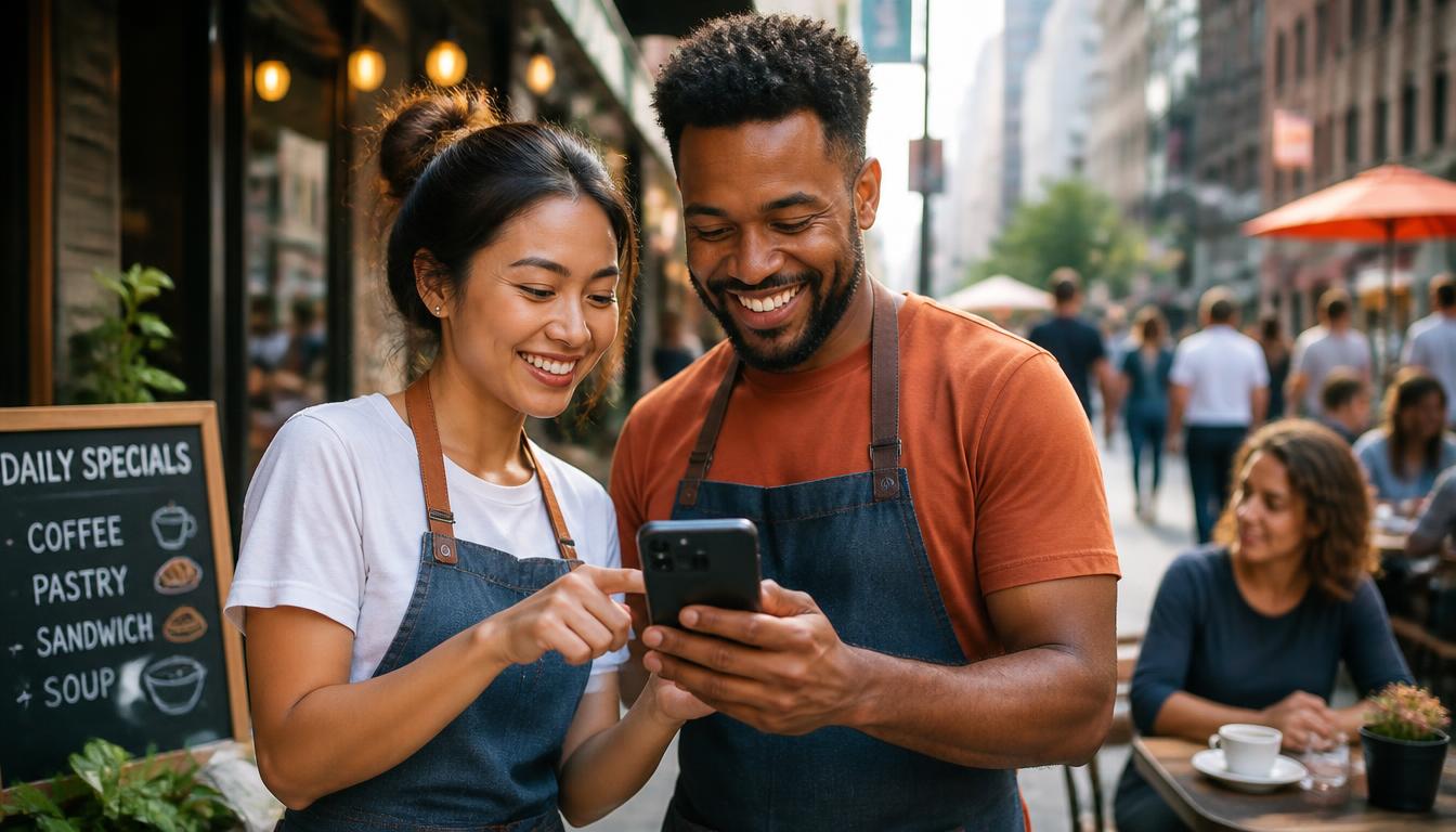 Small business owners using a mobile app on a busy city sidewalk